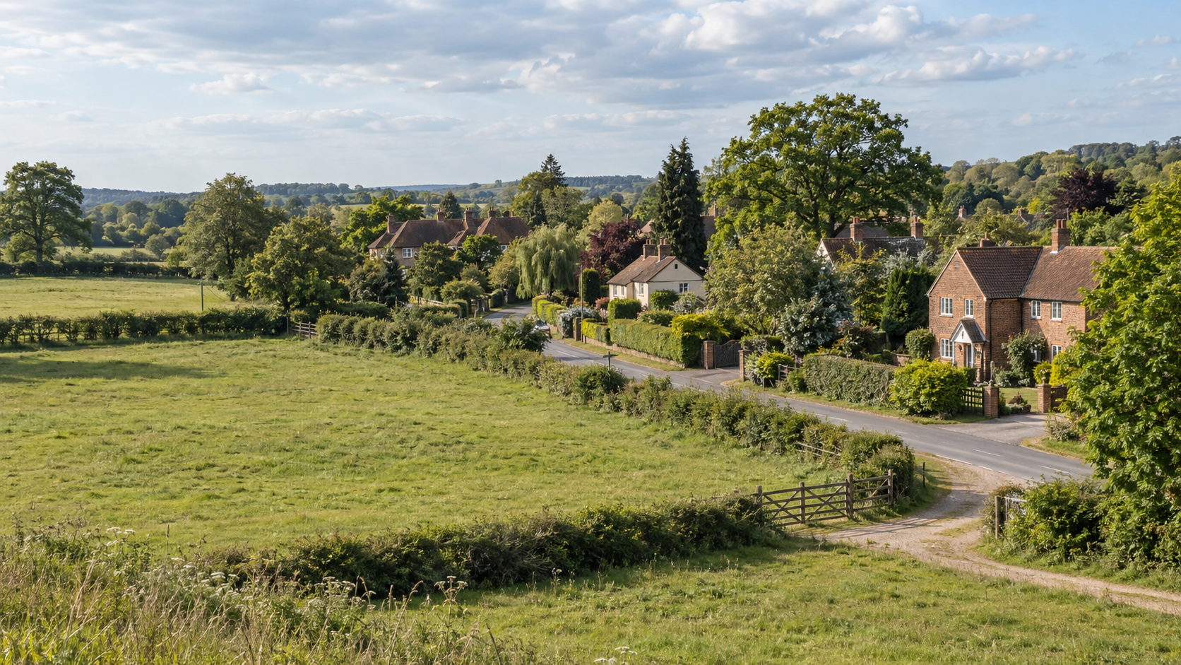 Illustrative village-edge landscape with homes, a country lane and adjoining fields.